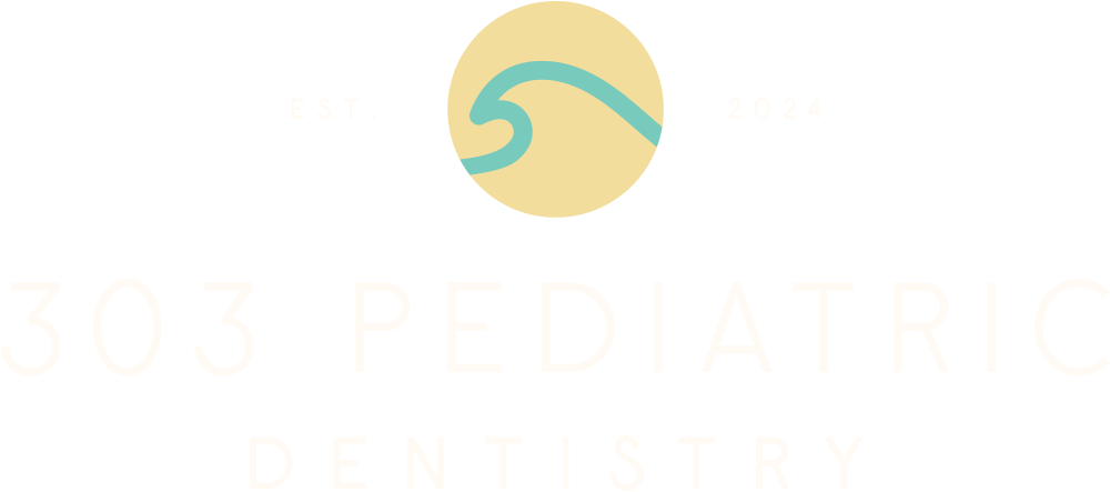The image displays a graphic with text elements, including a logo with the number 303 and the word PEDiatric, followed by dentistry. Below this, there s an emblem that reads est. 2021. The background is monochromatic, featuring shades of brown and beige, with a stylized sun graphic on the left side. The overall style appears to be modern and minimalistic.
