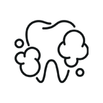 The image depicts a stylized graphic of a smiling face with a toothbrush inside its mouth, set against a black background.